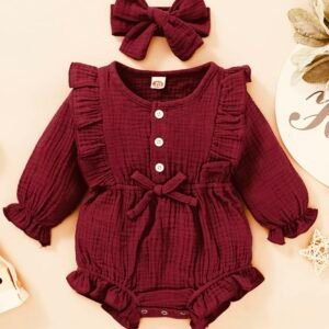 maroon ruffle long sleeve baby romper with headband